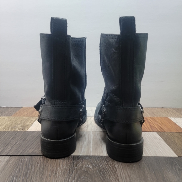 Women's Black Leather MOTO BOOTS 6M Biker Boots Side Buckle - Picture 4 of 5